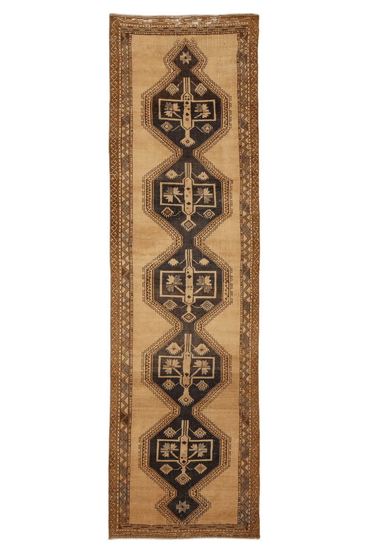 Vintage Malatya Turkish Runner Rug 4x14 ft — Beige & Brown Geometric