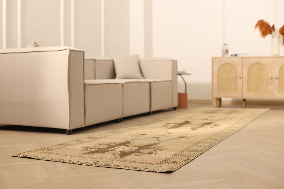 Vintage Malatya Turkish Runner Rug 3x14 ft — Beige & Brown Southwestern