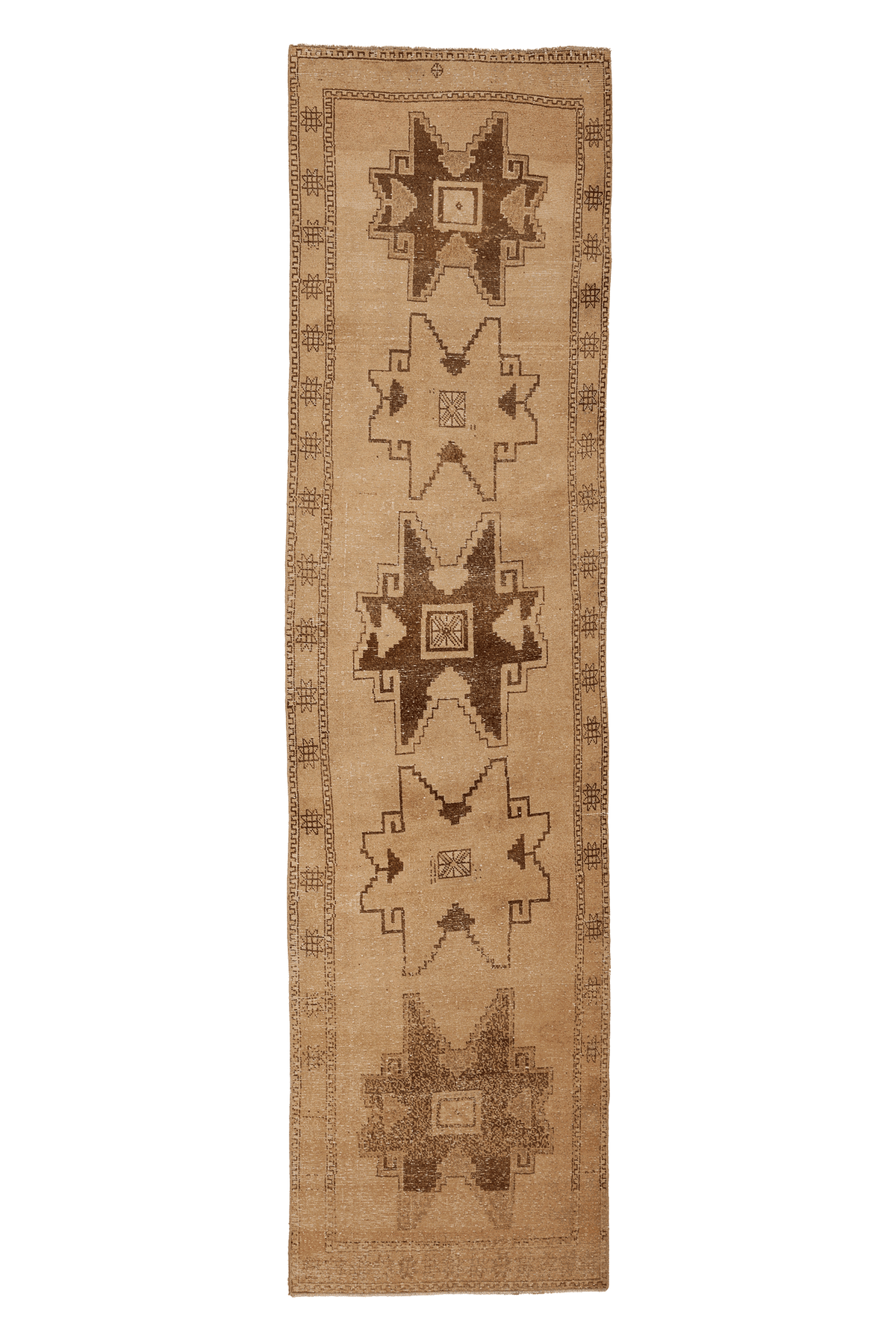 Vintage Malatya Turkish Runner Rug 3x14 ft — Beige & Brown Southwestern