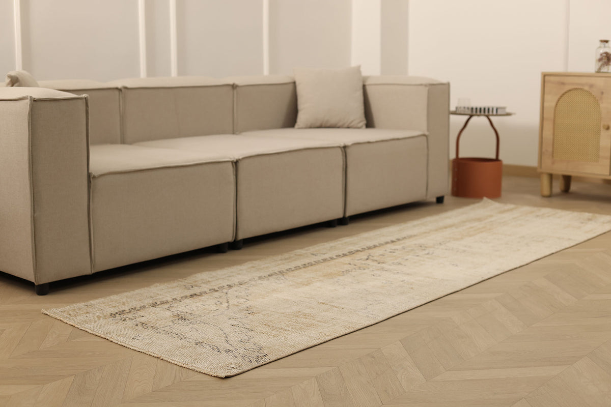 Vintage Manisa Turkish Runner Rug 3x9 ft — Beige Distressed