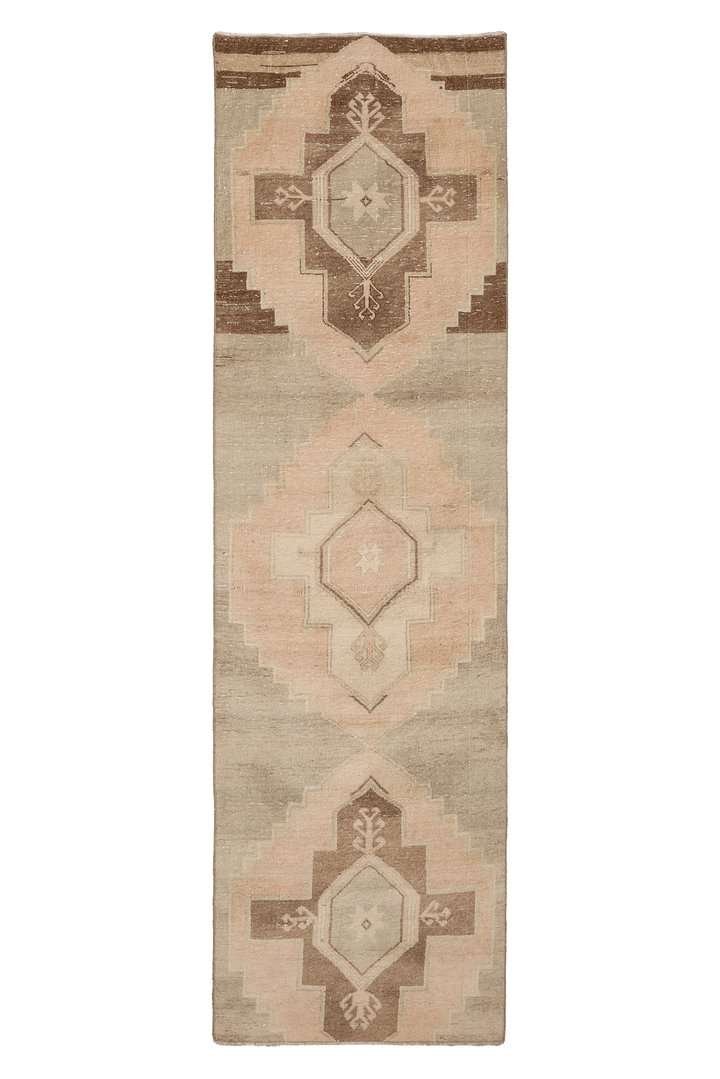 Vintage Malatya Turkish Runner Rug 3x10 ft — Beige & Brown Geometric