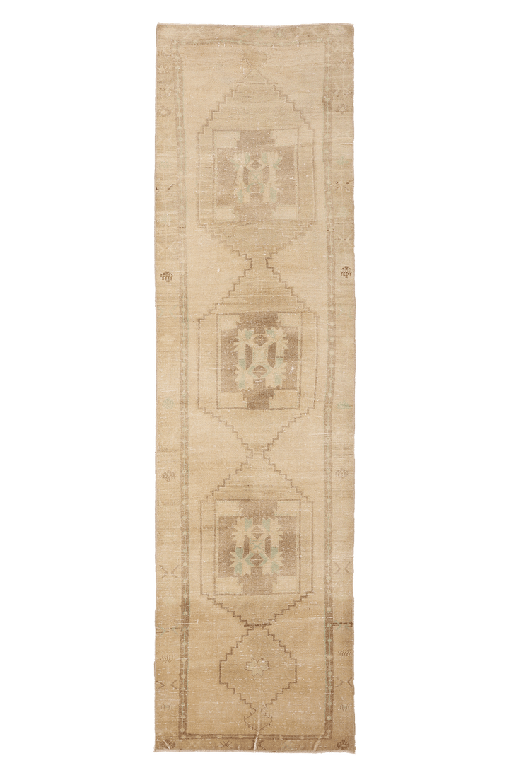 Vintage Malatya Turkish Runner Rug 3x12 ft — Beige & Brown Geometric (No. 62960)