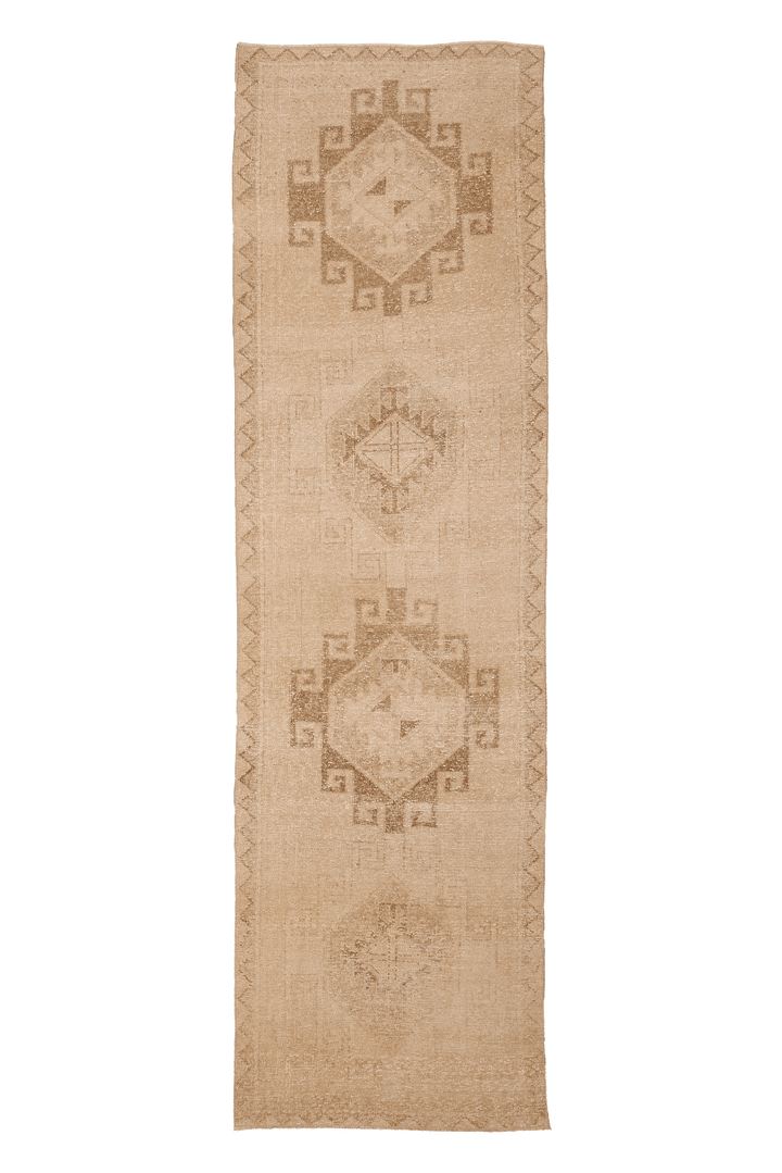 Vintage Malatya Turkish Runner Rug 3x12 ft — Beige & Brown Geometric