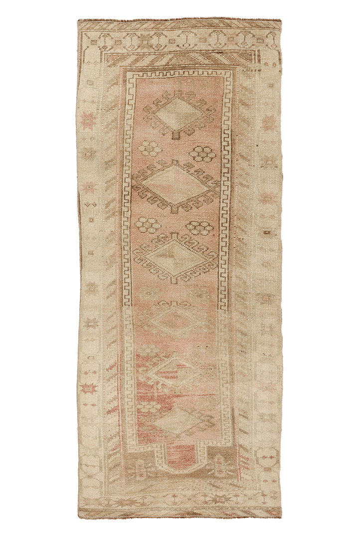 Vintage Malatya Turkish Runner Rug 3x7 ft — Beige & Orange Geometric