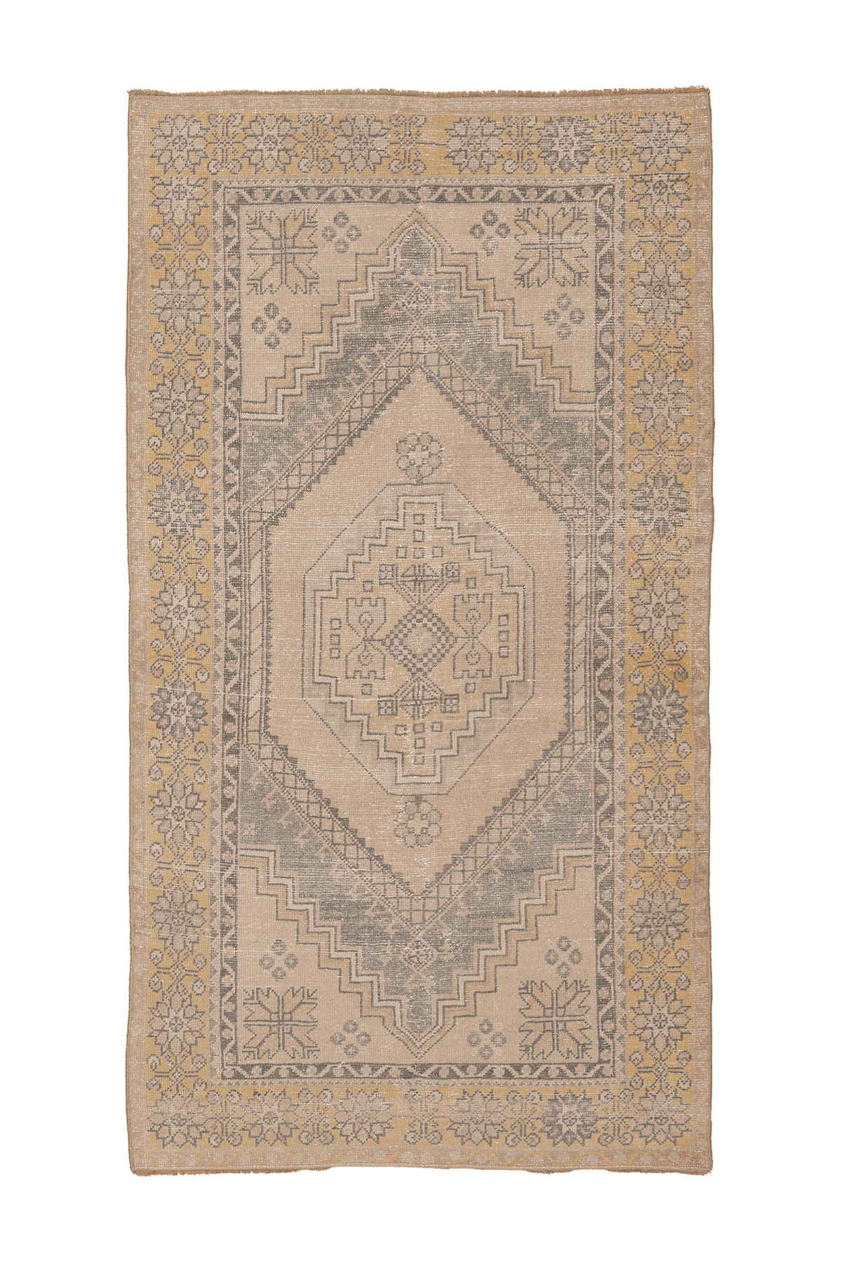 Vintage Kayseri Turkish Runner Rug 4x7 ft — Beige & Brown Geometric