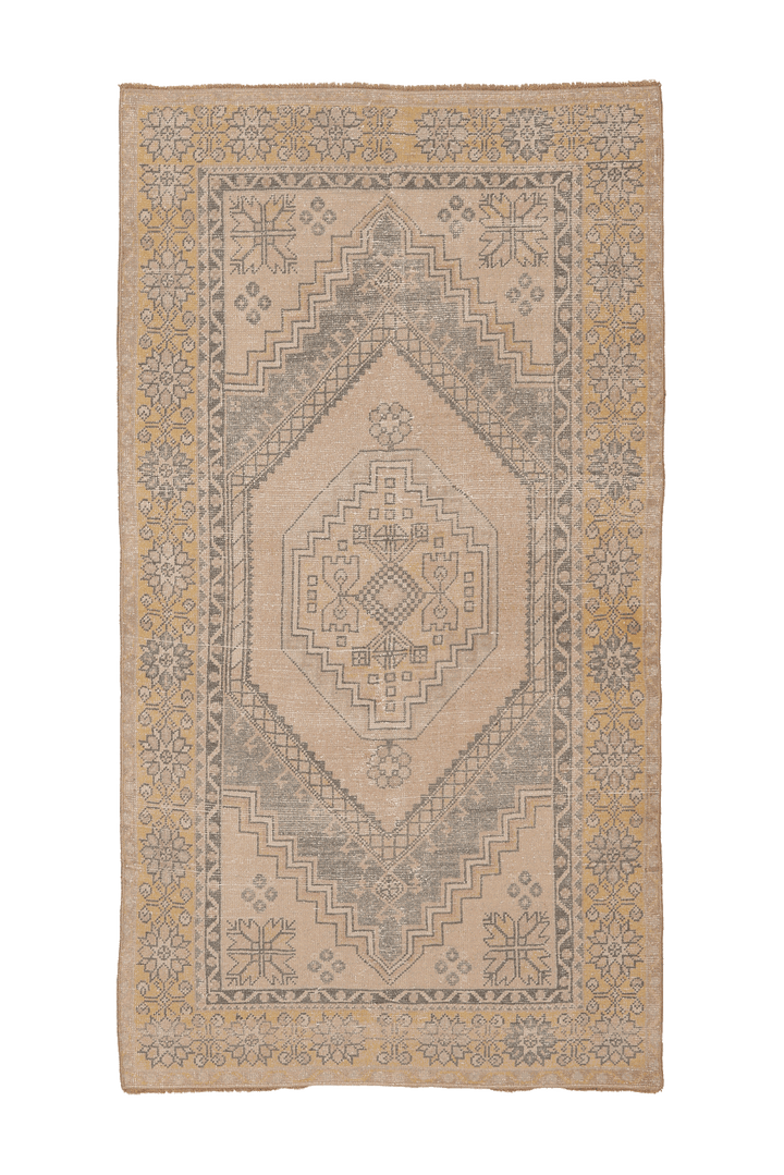 Vintage Kayseri Turkish Runner Rug 4x7 ft — Beige & Brown Geometric