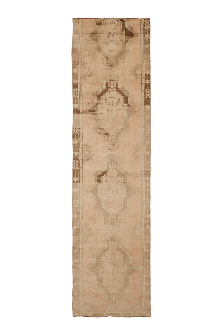 Vintage Malatya Turkish Runner Rug 3x12 ft — Beige & Brown Geometric (No. 62971)