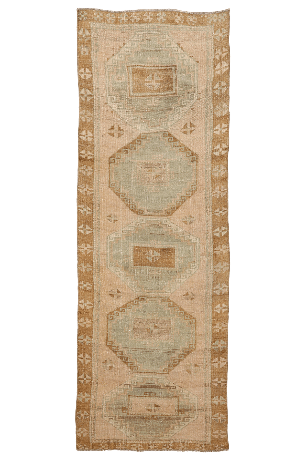 Vintage Malatya Turkish Runner Rug 3x9 ft — Beige & Green Geometric