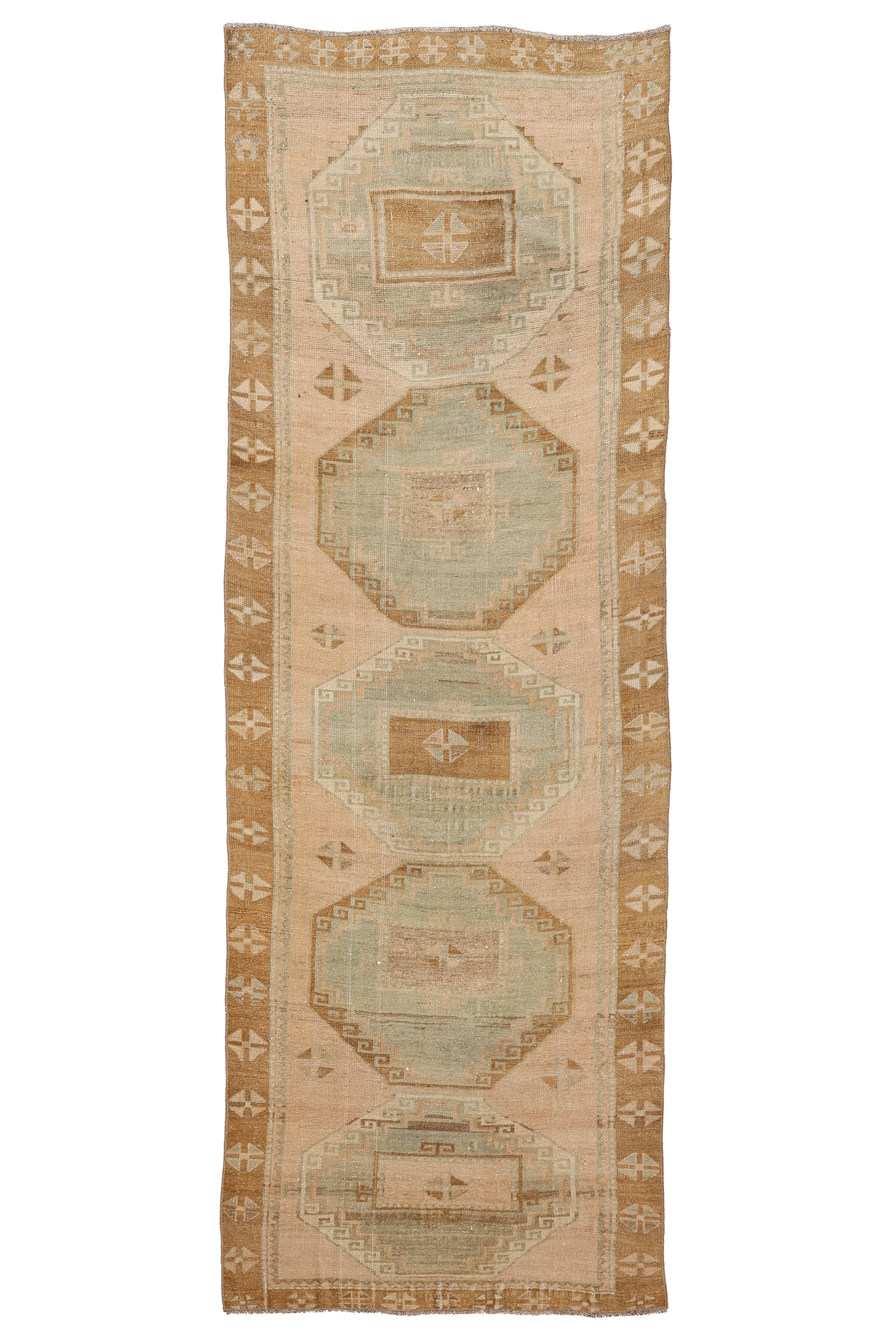 Vintage Malatya Turkish Runner Rug 3x9 ft — Beige & Green Geometric