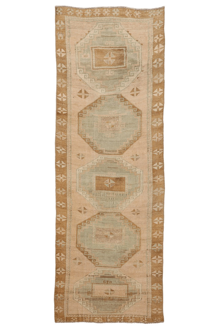 Vintage Malatya Turkish Runner Rug 3x9 ft — Beige & Green Geometric