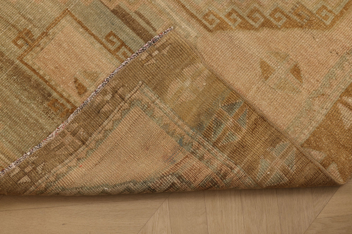 Vintage Malatya Turkish Runner Rug 3x9 ft — Beige & Green Geometric