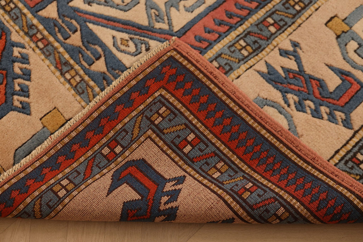 Vintage Çanakkale Turkish Area Rug 7x9 ft — Red & Blue Geometric