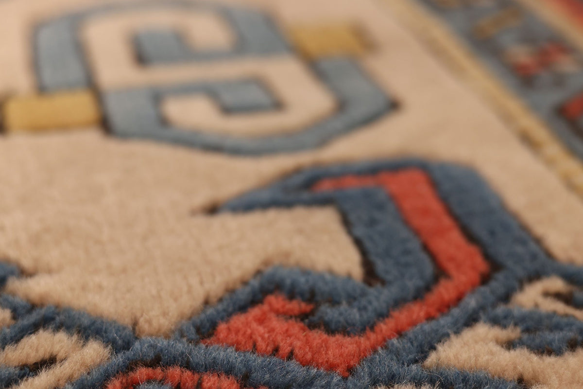 Vintage Çanakkale Turkish Area Rug 7x9 ft — Red & Blue Geometric