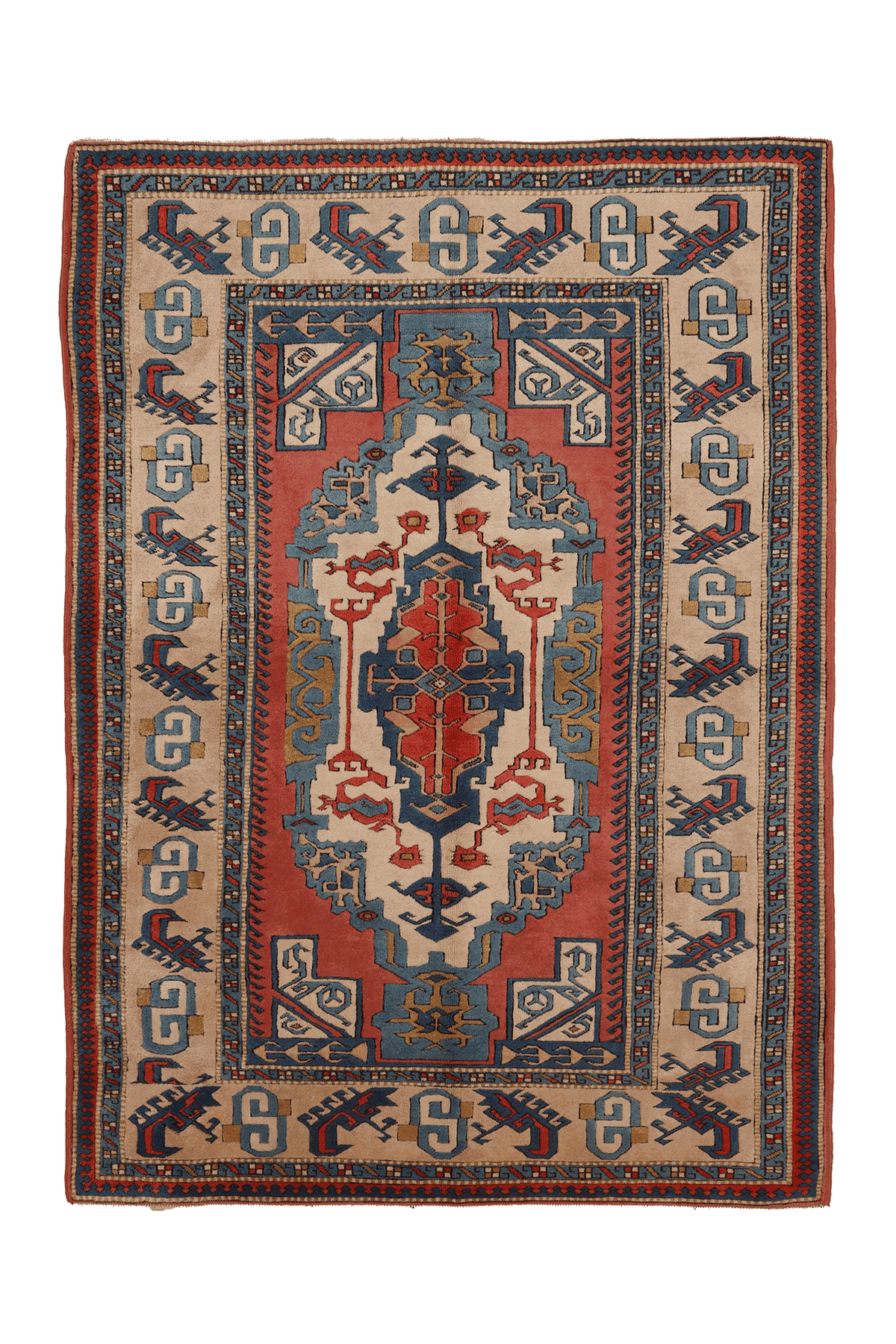 Vintage Çanakkale Turkish Area Rug 7x9 ft — Red & Blue Geometric