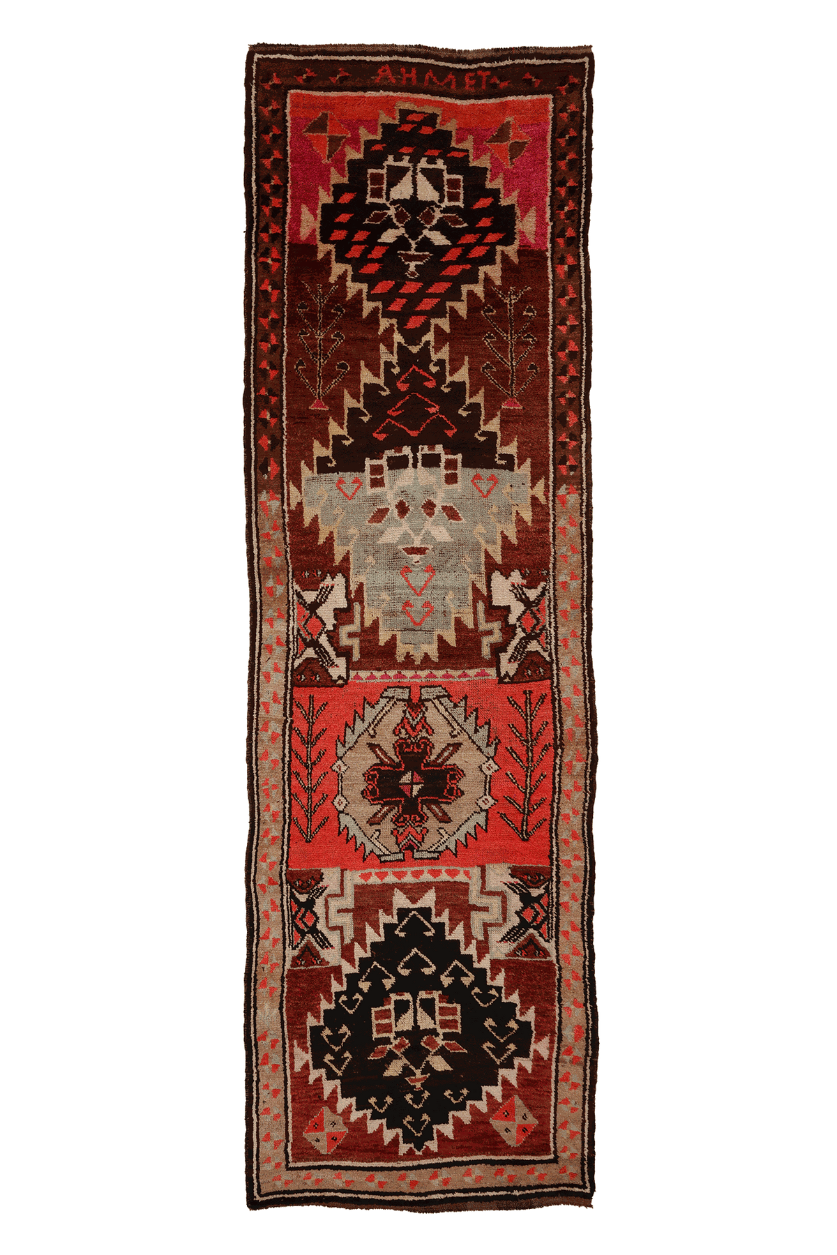 Vintage Southeastern Patchwork Runner Rug 4x13 ft — Brown & Red Geometric