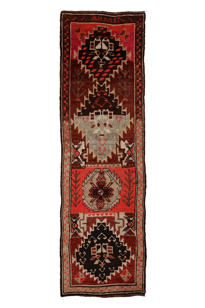 Vintage Southeastern Patchwork Runner Rug 4x13 ft — Brown & Red Geometric