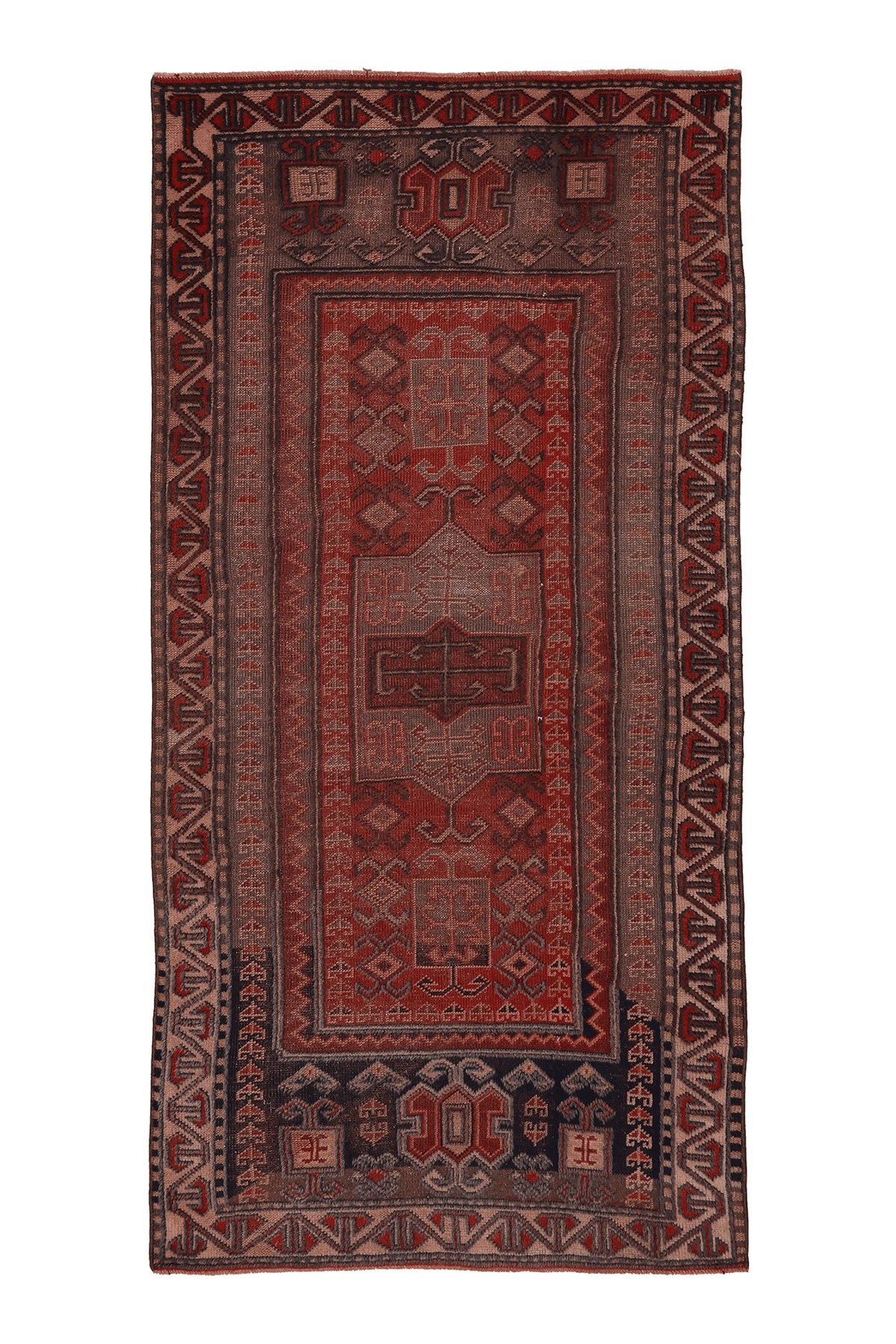 Vintage Malatya Turkish Area Rug 3x6 ft — Red & Gray Geometric