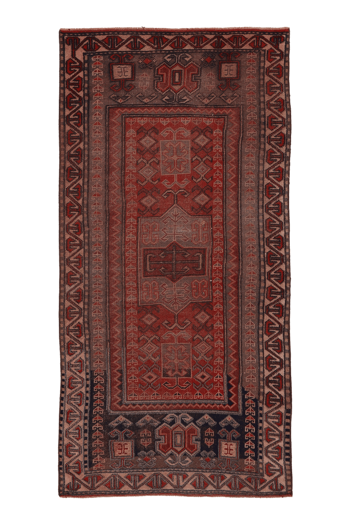 Vintage Malatya Turkish Area Rug 3x6 ft — Red & Gray Geometric