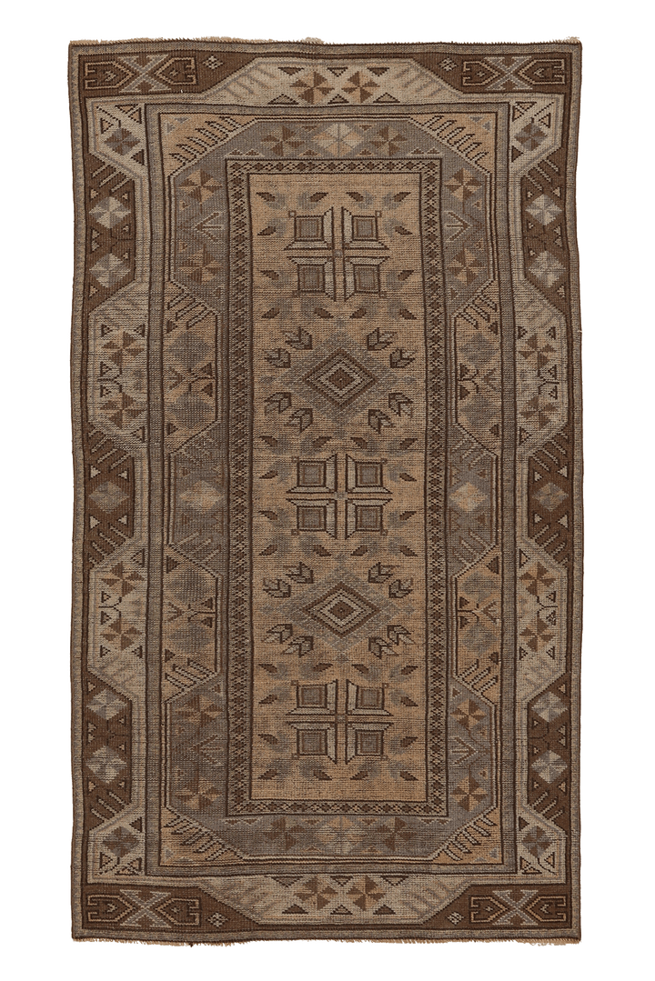 Vintage Muğla Turkish Area Rug 3x5 ft — Brown & Gray Geometric