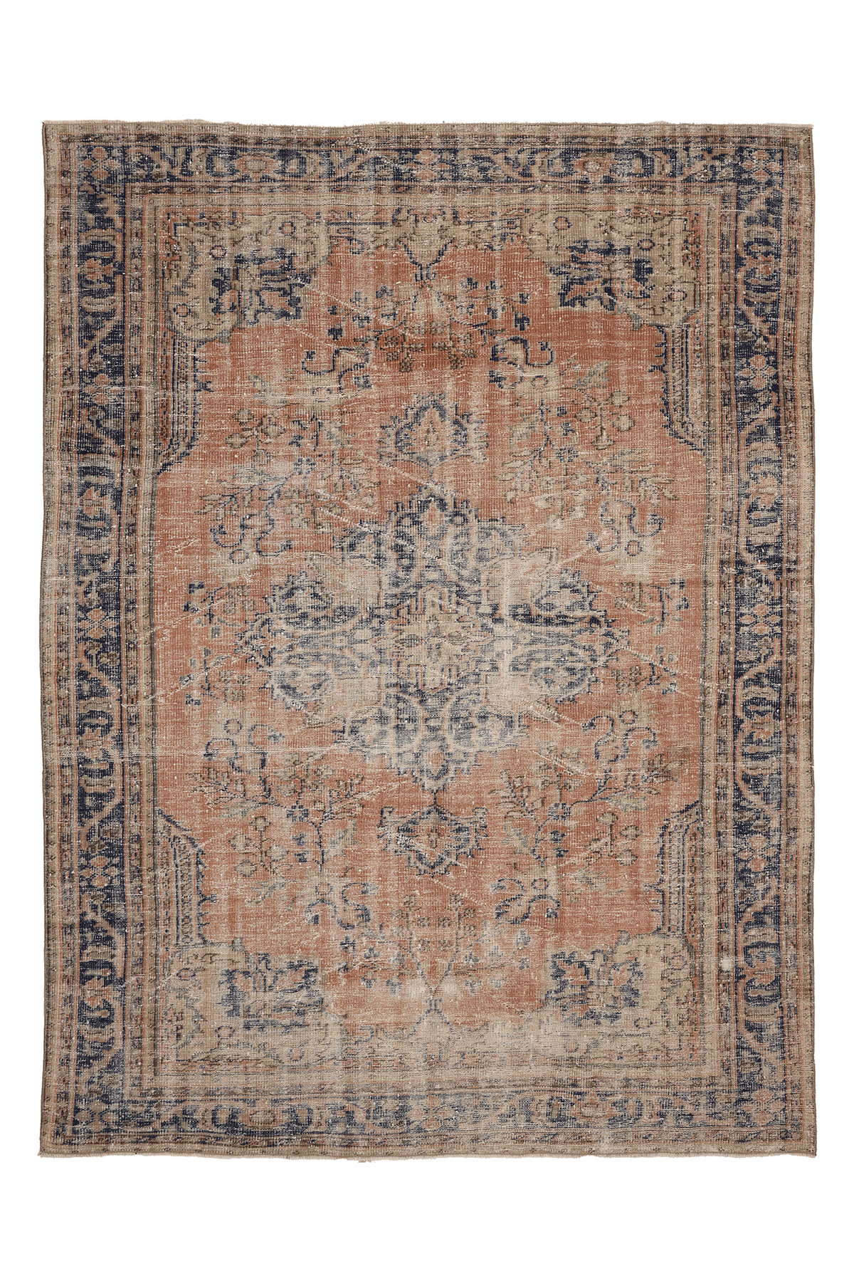 Vintage Manisa Turkish Area Rug 7x9 ft — Orange & Blue Distressed