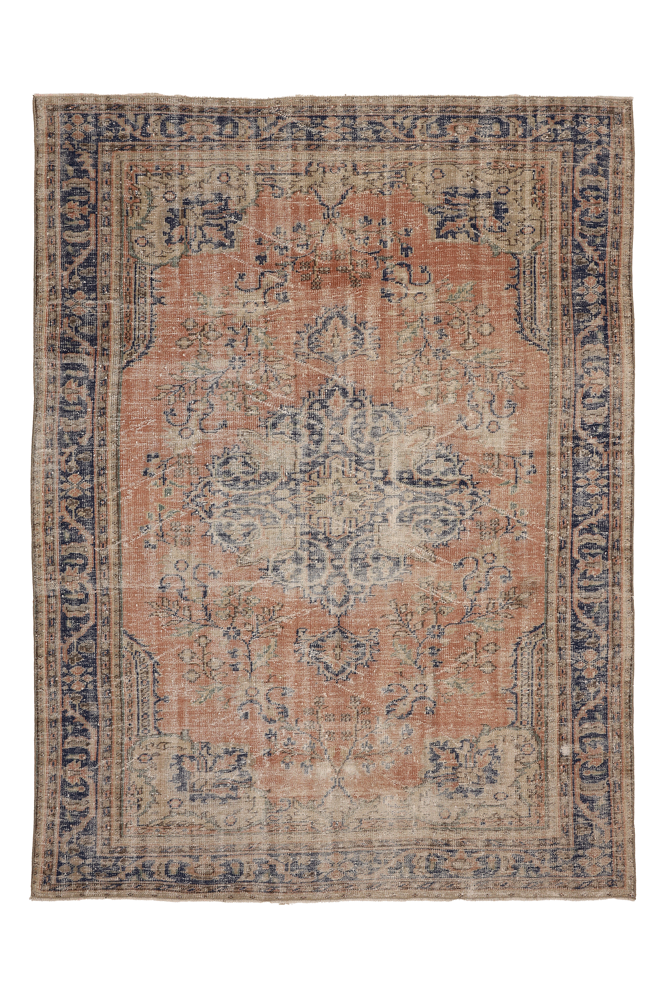 Vintage Manisa Turkish Area Rug 7x9 ft — Orange & Blue Distressed