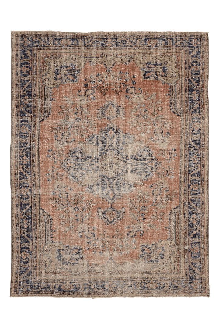 Vintage Manisa Turkish Area Rug 7x9 ft — Orange & Blue Distressed