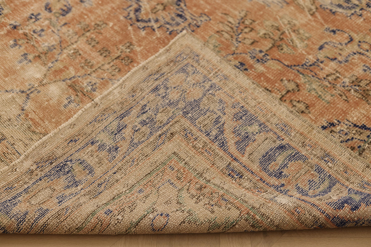 Vintage Manisa Turkish Area Rug 7x9 ft — Orange & Blue Distressed