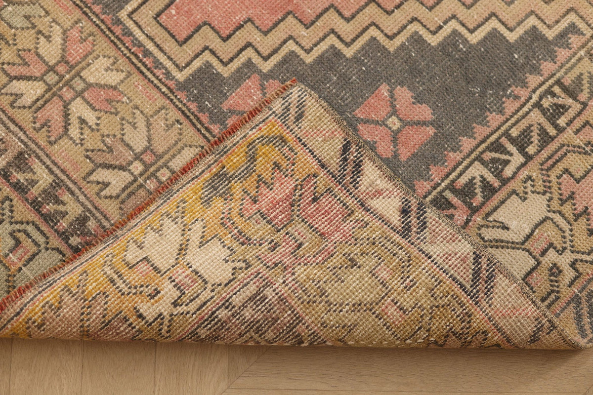 Vintage Kayseri Turkish Runner Rug 4x7 ft — Pink & Brown Geometric
