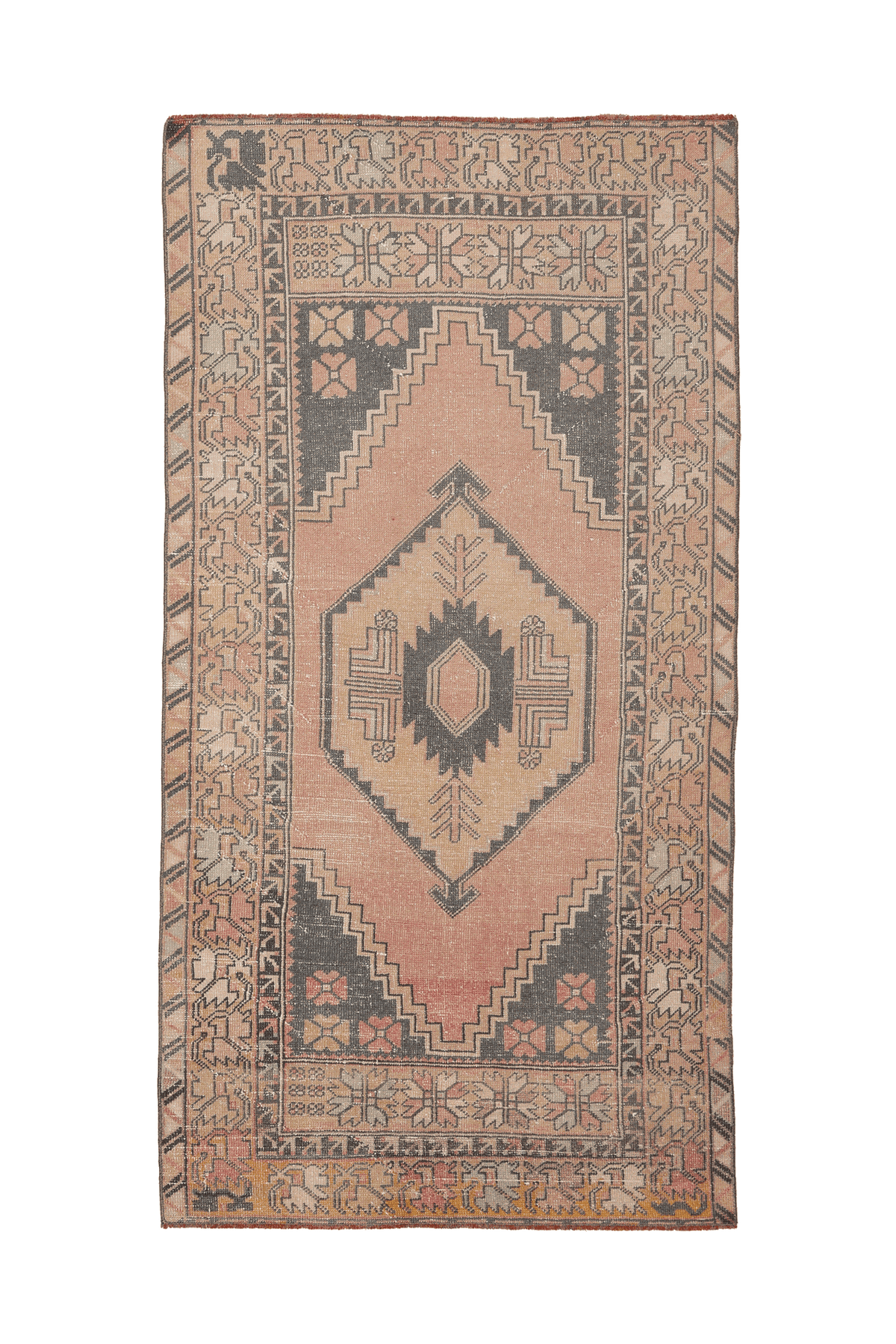 Vintage Kayseri Turkish Runner Rug 4x7 ft — Pink & Brown Geometric