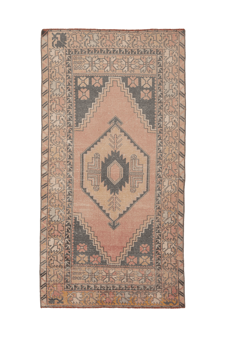 Vintage Kayseri Turkish Runner Rug 4x7 ft — Pink & Brown Geometric