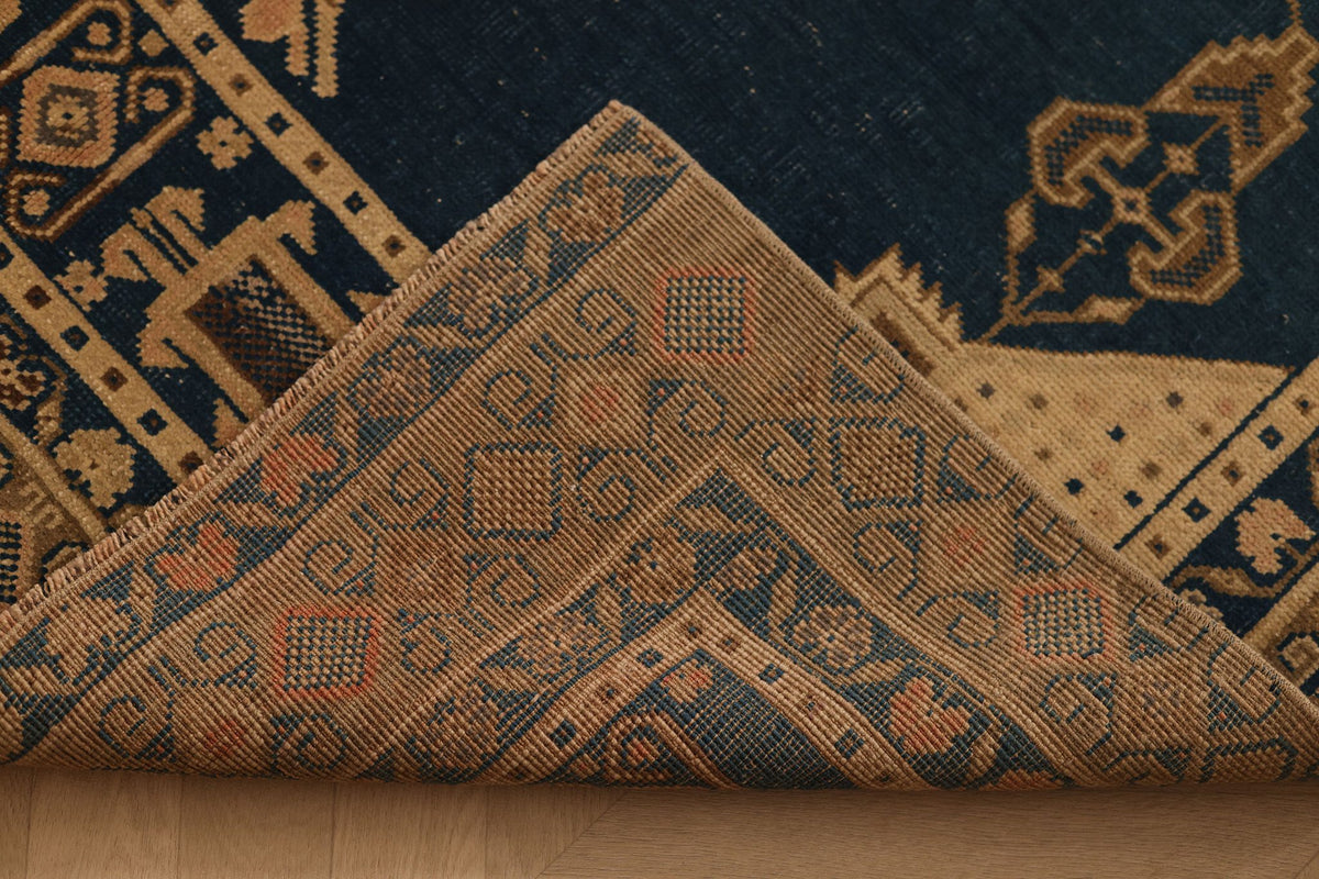 Vintage Kayseri Turkish Runner Rug 5x10 ft — Blue & Orange Geometric