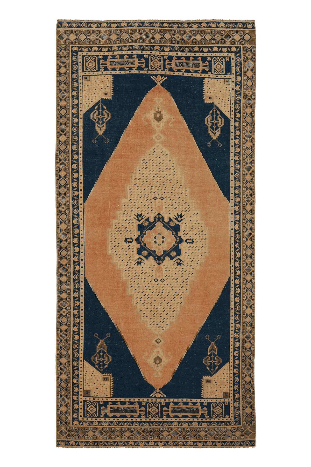 Vintage Kayseri Turkish Runner Rug 5x10 ft — Blue & Orange Geometric