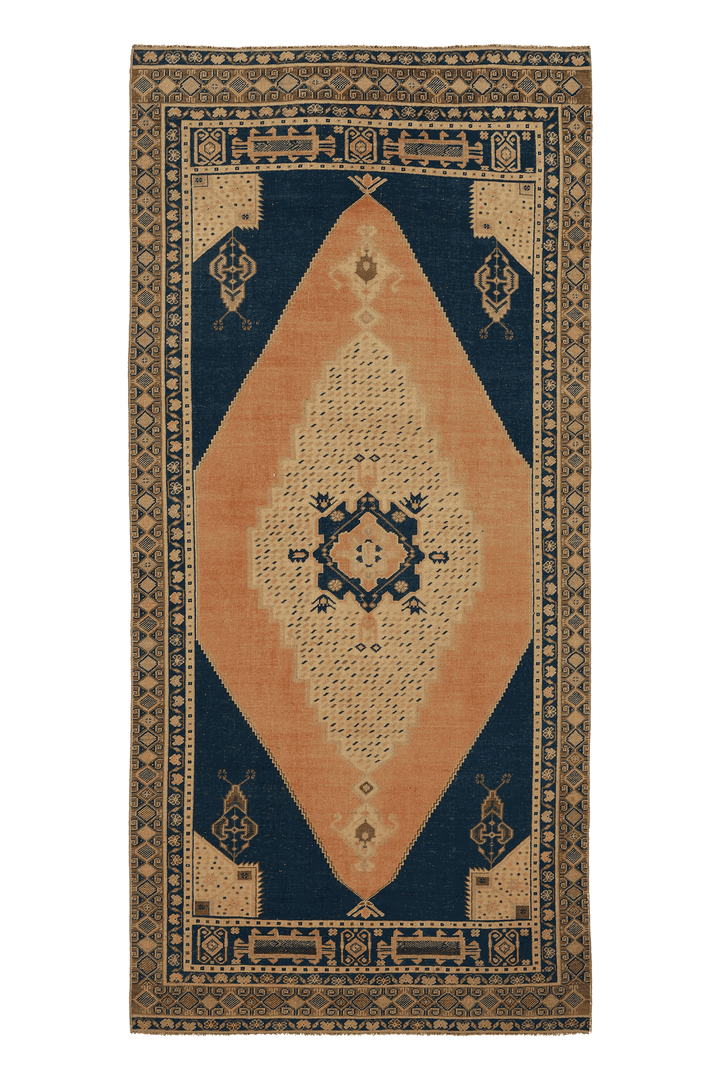Vintage Kayseri Turkish Runner Rug 5x10 ft — Blue & Orange Geometric