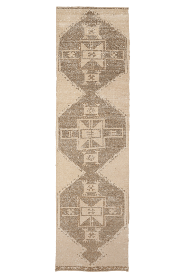 Vintage Malatya Turkish Runner Rug 3x12 ft — Beige & Brown Geometric (No. 63027)