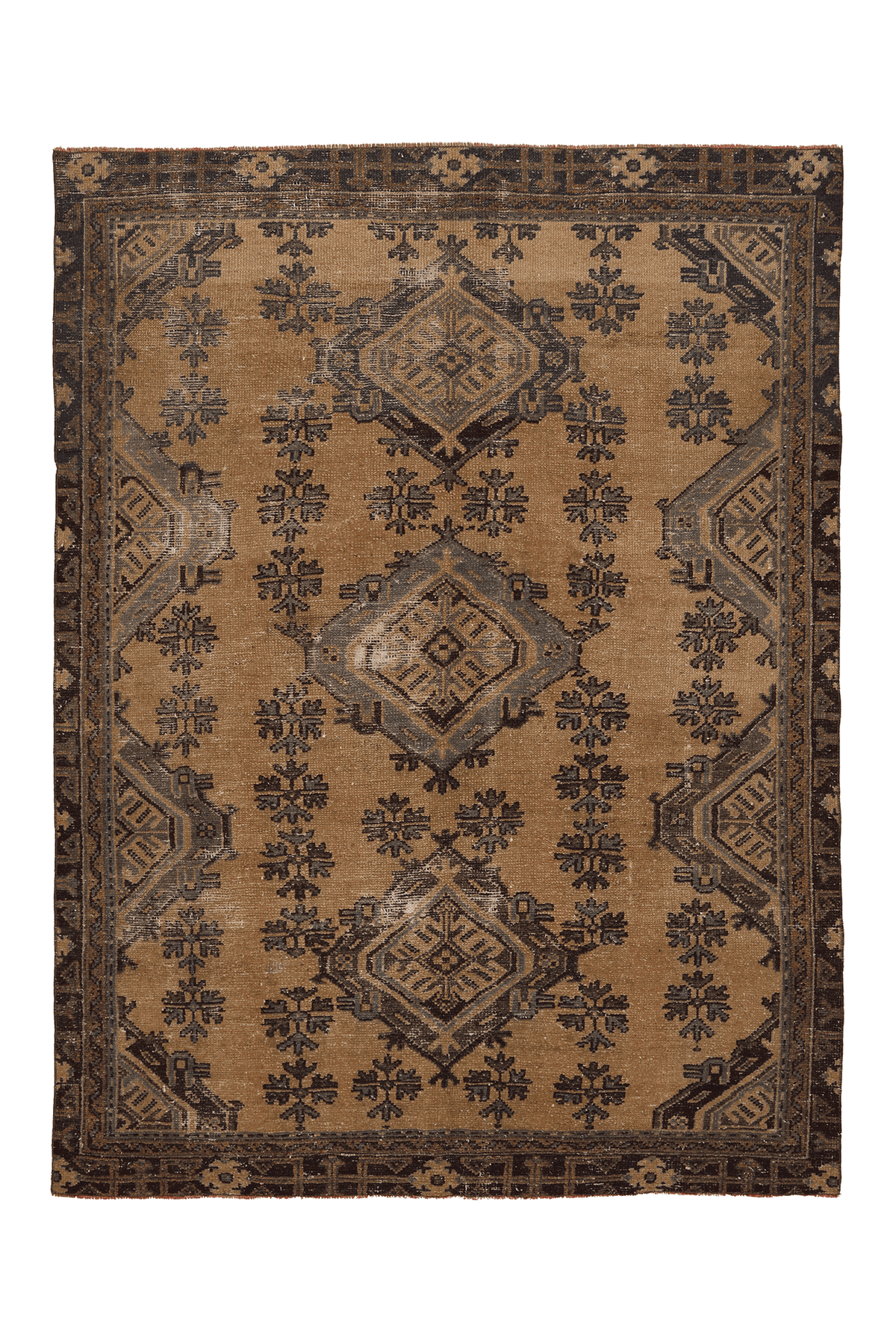 Vintage Kars Turkish Area Rug 6x8 ft — Brown & Blue Geometric