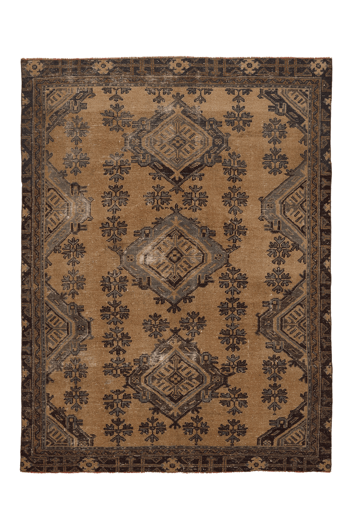 Vintage Kars Turkish Area Rug 6x8 ft — Brown & Blue Geometric