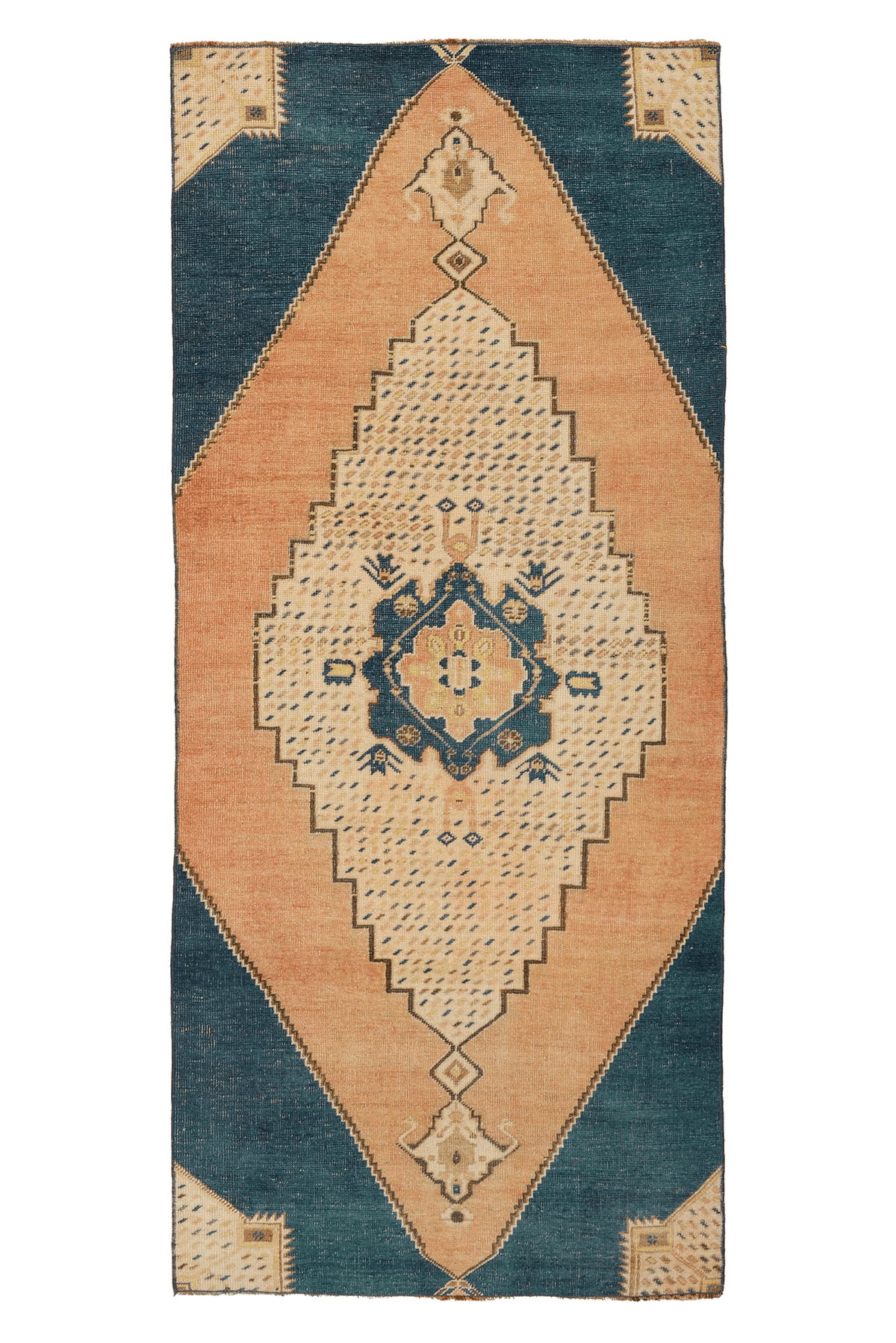 Vintage Aksaray Turkish Runner Rug 3x7 ft — Blue & Orange Geometric