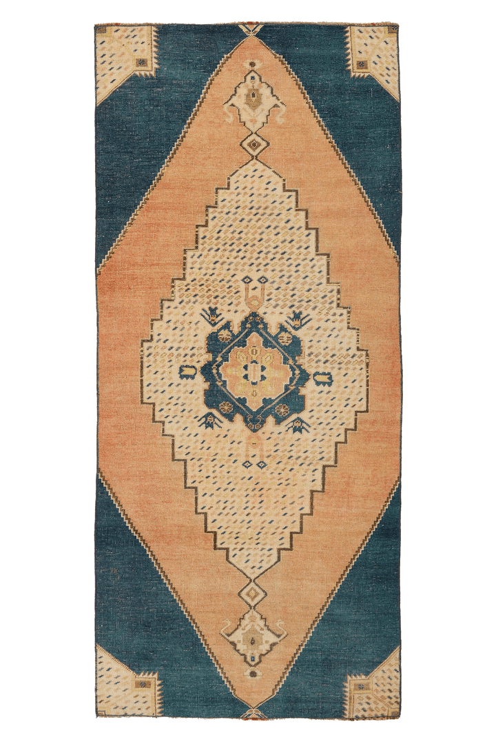 Vintage Aksaray Turkish Runner Rug 3x7 ft — Blue & Orange Geometric