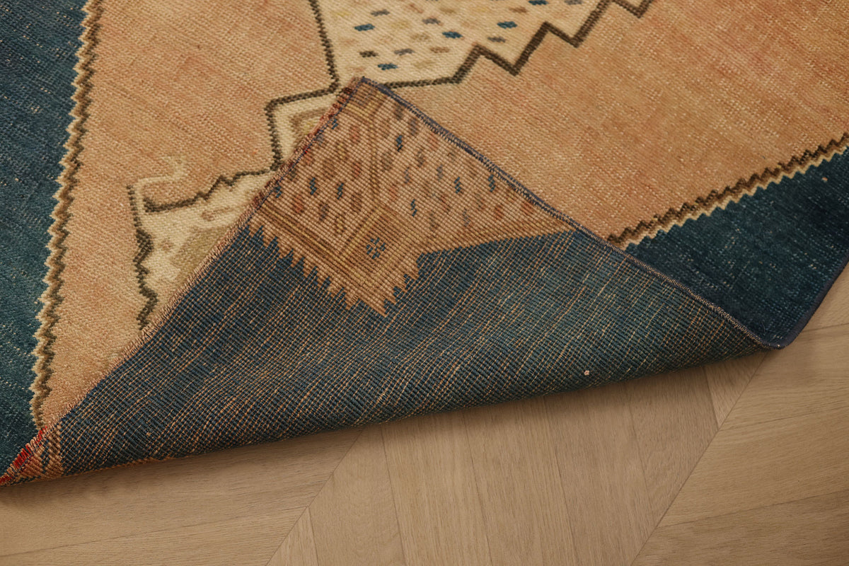 Vintage Aksaray Turkish Runner Rug 3x7 ft — Blue & Orange Geometric