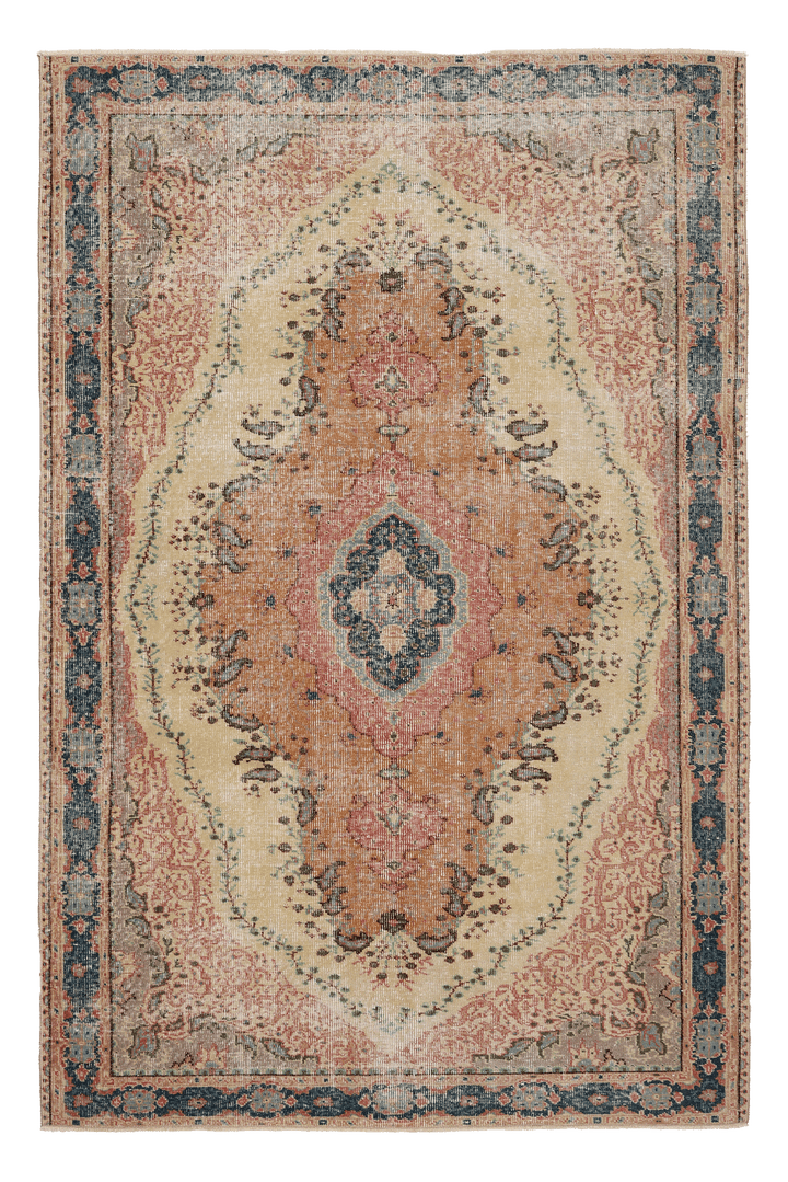 Vintage Isparta Turkish Area Rug 5x8 ft — Beige & Blue Floral (No. 63056)