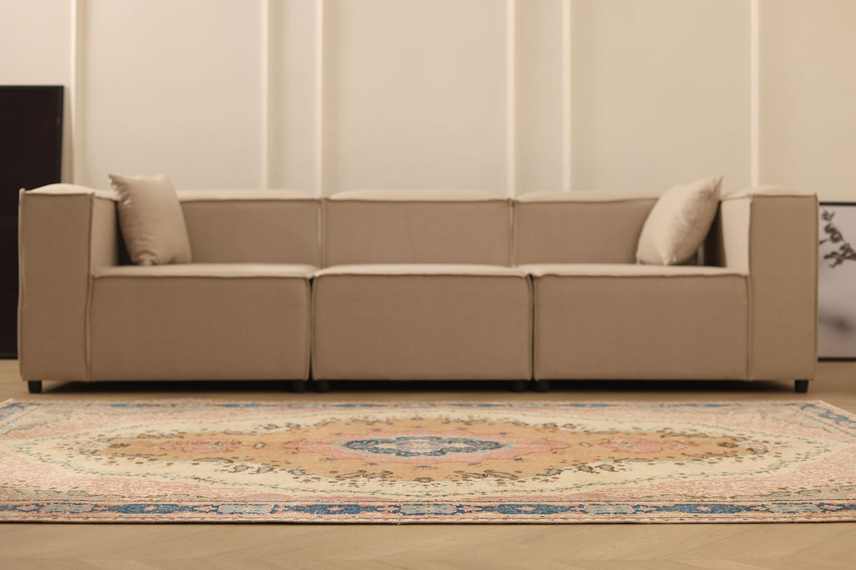 Vintage Isparta Turkish Area Rug 5x8 ft — Beige & Blue Floral (No. 63056)