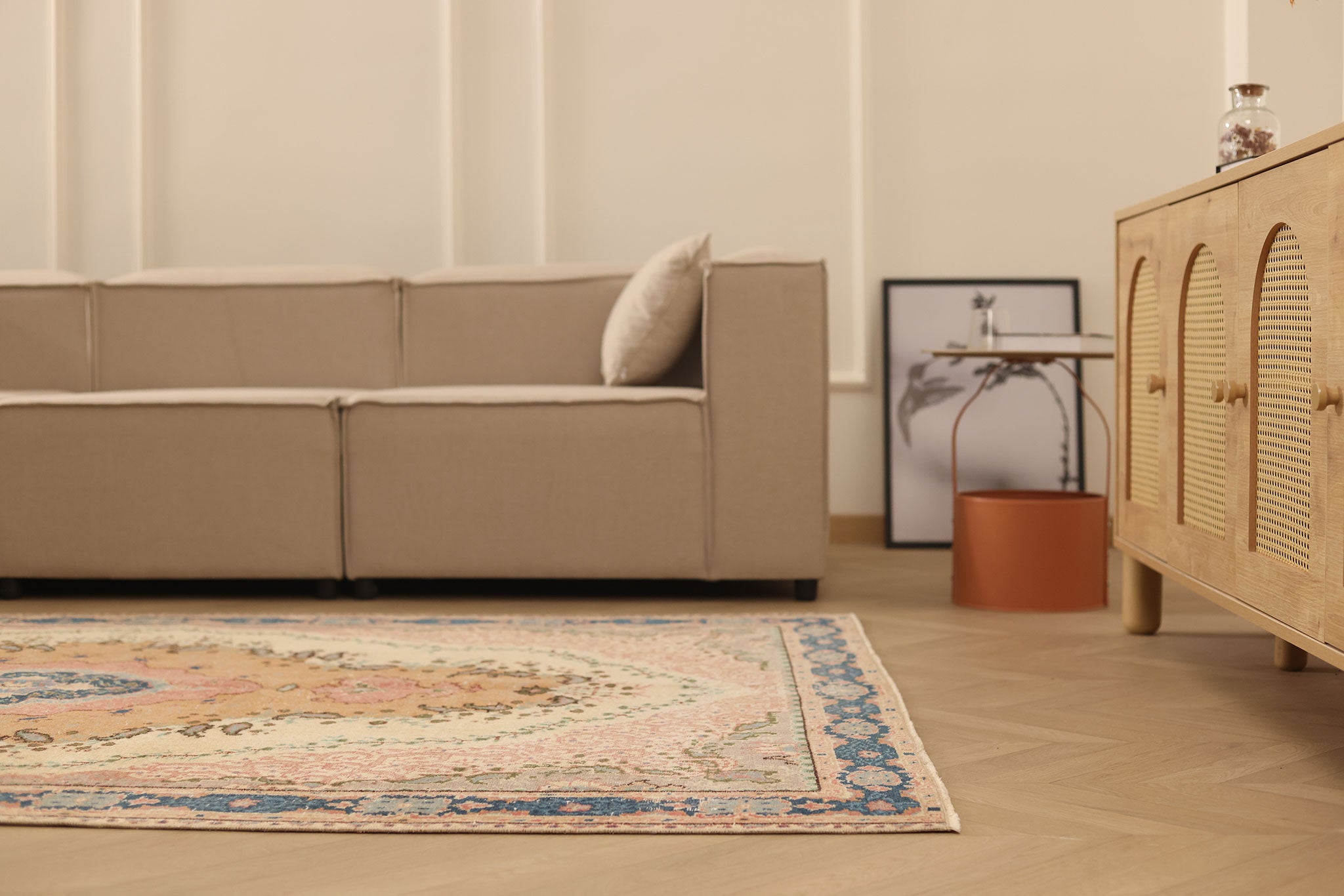 Vintage Isparta Turkish Area Rug 5x8 ft — Beige & Blue Floral (No. 63056)