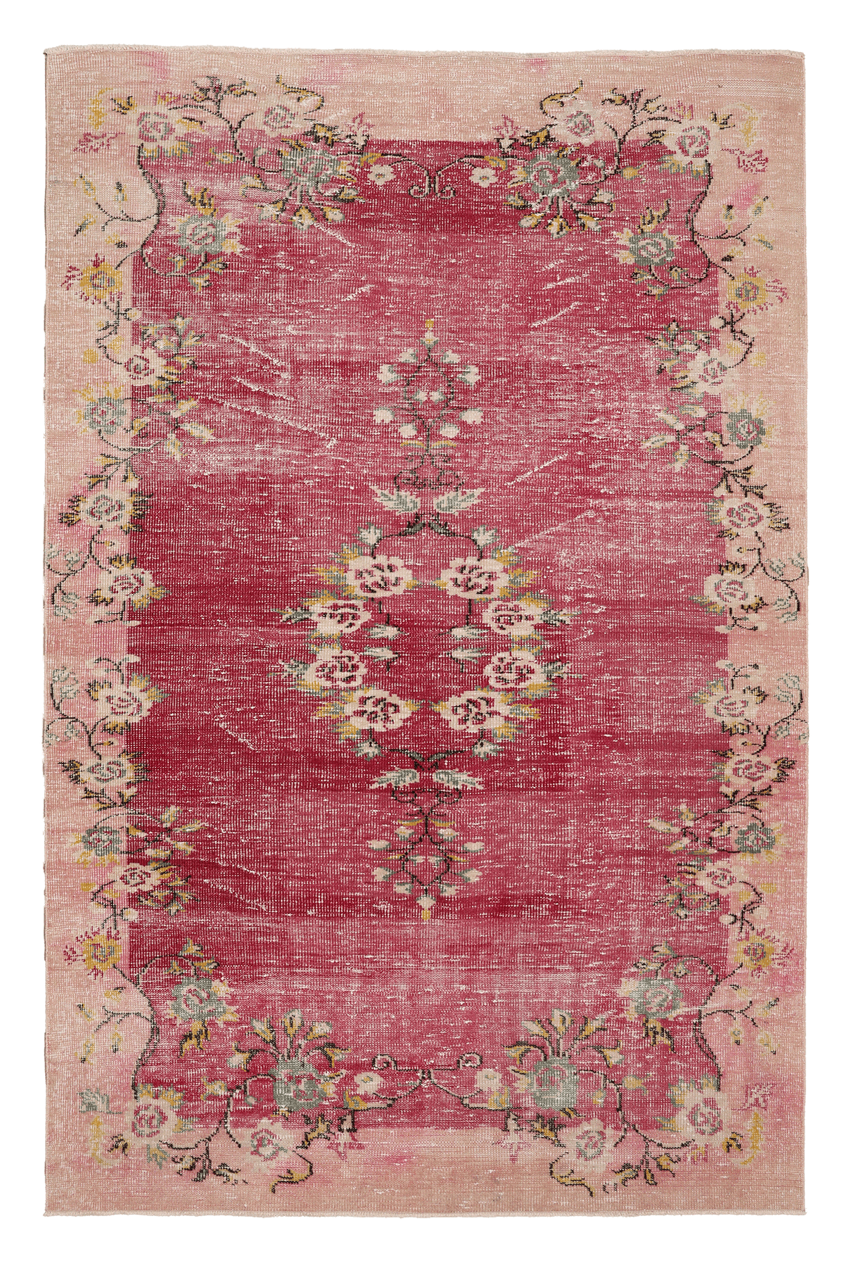 Vintage Manisa Turkish Area Rug 6x9 ft — Pink & Red Distressed