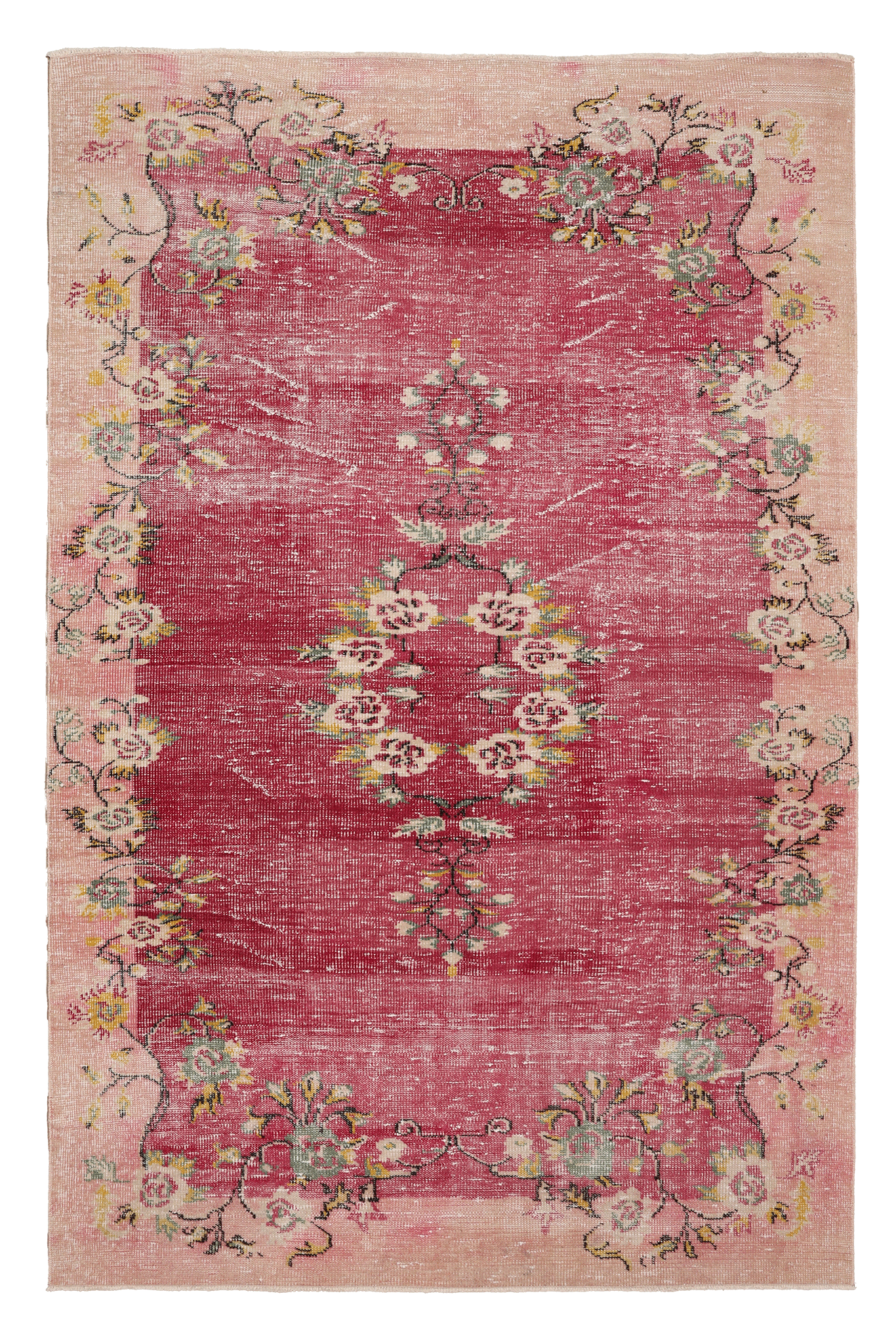 Vintage Manisa Turkish Area Rug 6x9 ft — Pink & Red Distressed