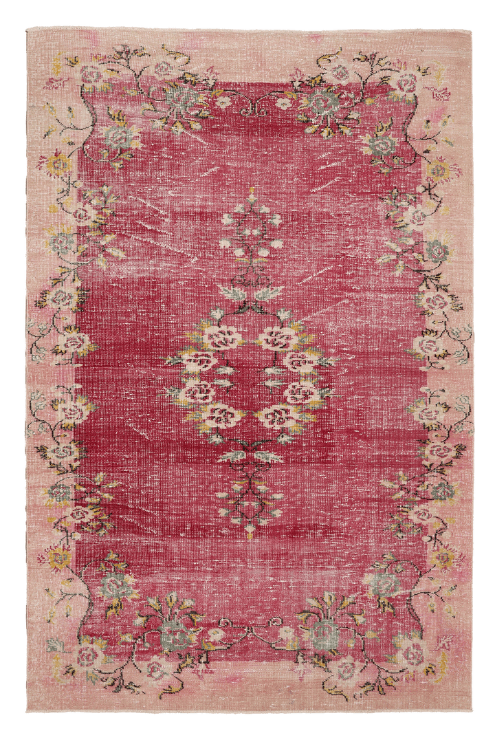Vintage Manisa Turkish Area Rug 6x9 ft — Pink & Red Distressed