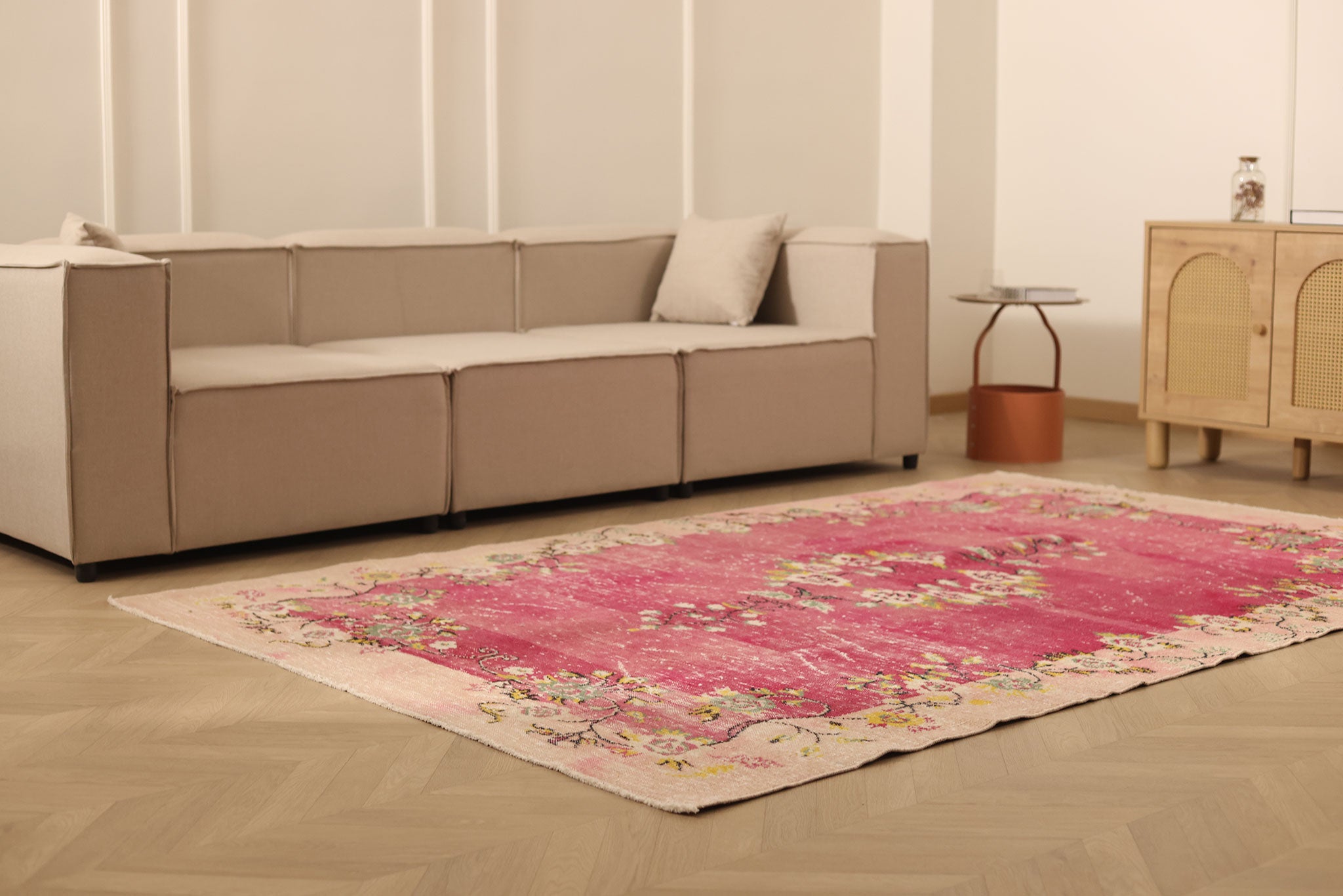 Vintage Manisa Turkish Area Rug 6x9 ft — Pink & Red Distressed