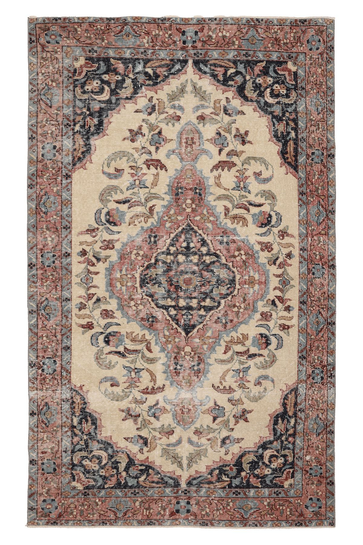Vintage Isparta Turkish Area Rug 5x8 ft — Beige & Pink Floral