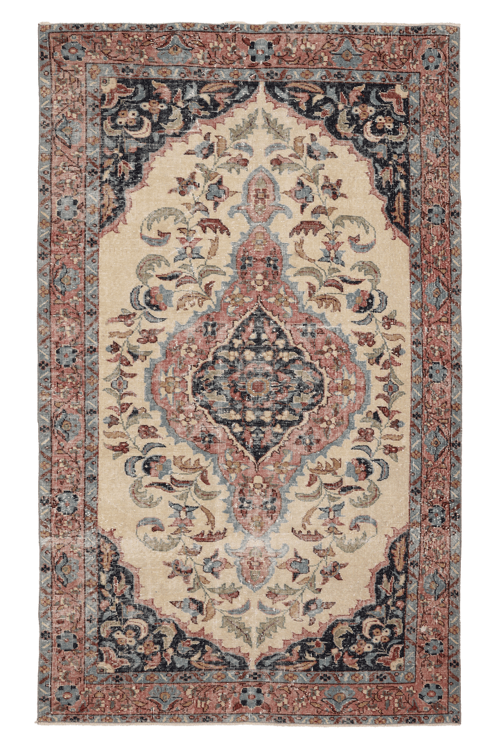 Vintage Isparta Turkish Area Rug 5x8 ft — Beige & Pink Floral