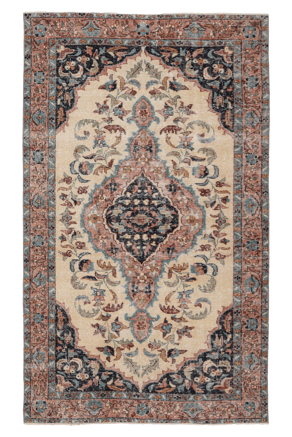 Vintage Isparta Turkish Area Rug 5x8 ft — Beige & Blue Floral