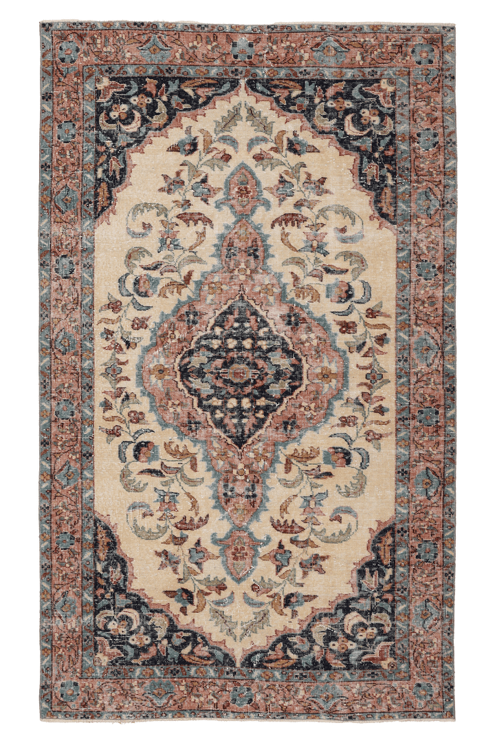 Vintage Isparta Turkish Area Rug 5x8 ft — Beige & Blue Floral